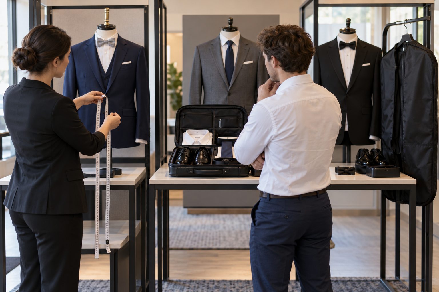 At a Canadian formalwear fair, a shopper and independent adviser stand before three adjacent rental displays,