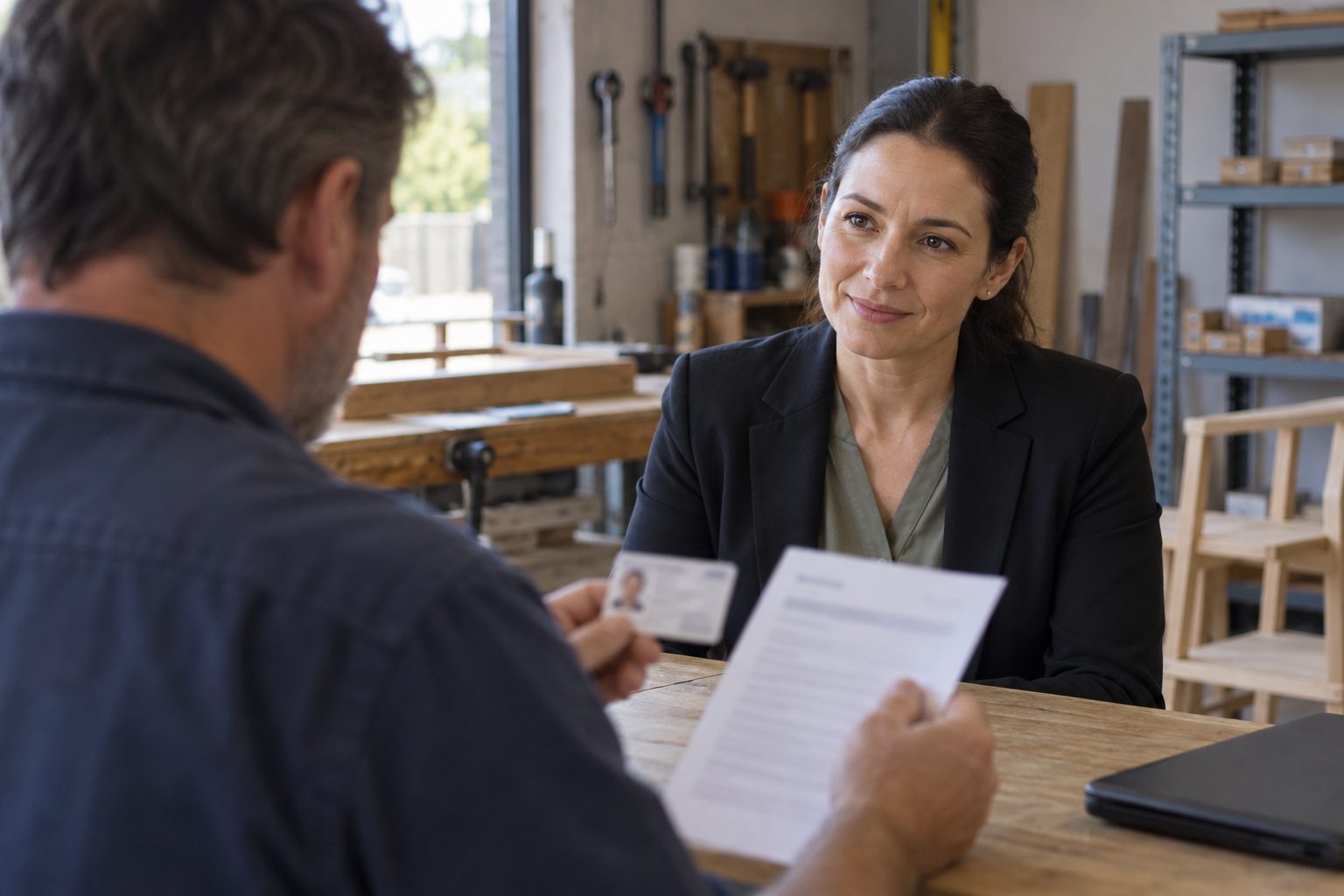 A small workshop owner checks an official photo credential and a matching registration profile while the