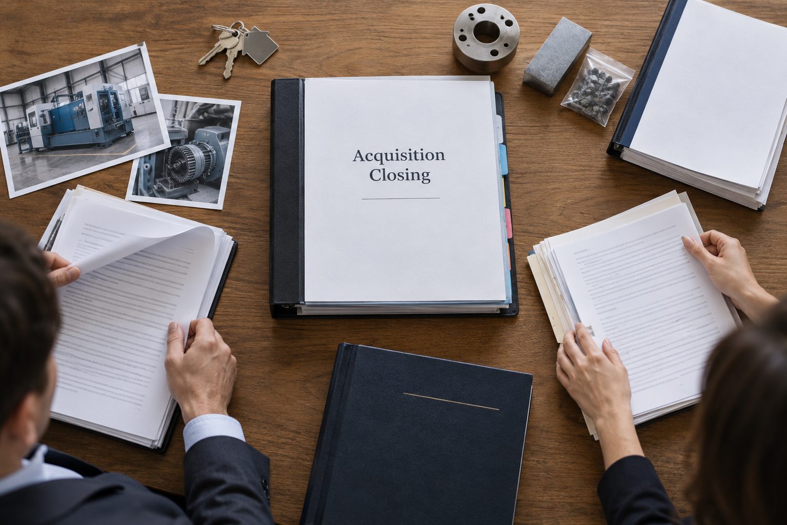 An acquisition closing case sits centrally among property keys, machinery inspection photographs, inventory samples, contract packets