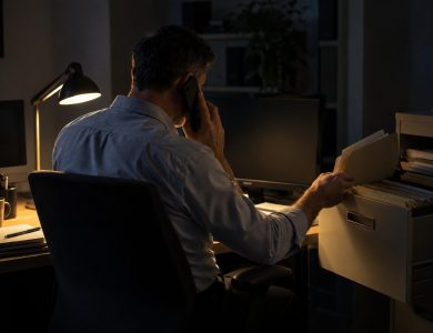 One owner-director of a twelve-person engineering consultancy sits alone after hours in the cramped accounts office,