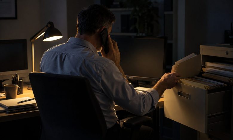 One owner-director of a twelve-person engineering consultancy sits alone after hours in the cramped accounts office,