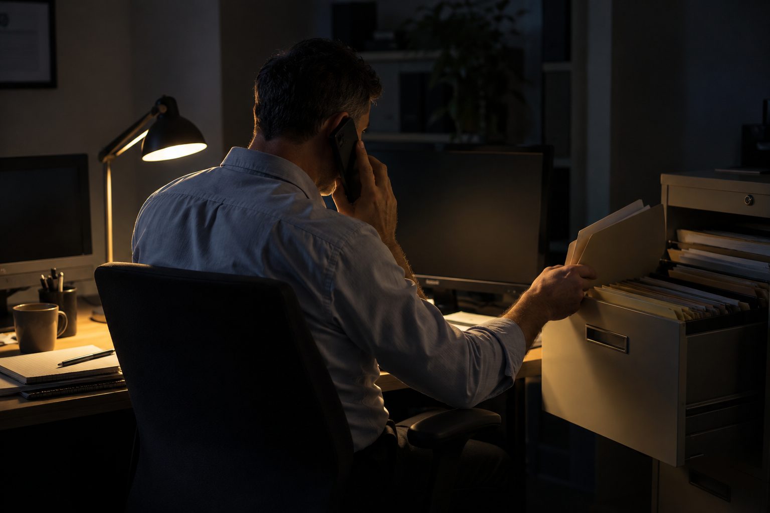 One owner-director of a twelve-person engineering consultancy sits alone after hours in the cramped accounts office,