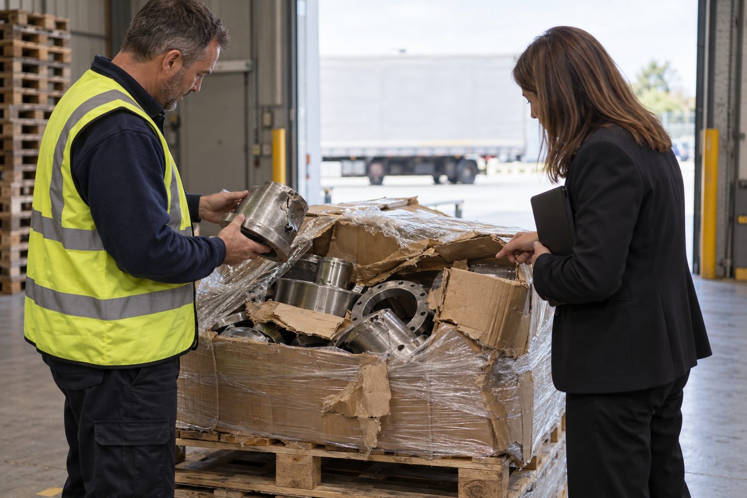 In a warehouse receiving bay, a pallet of visibly damaged machined components is centred and sharp