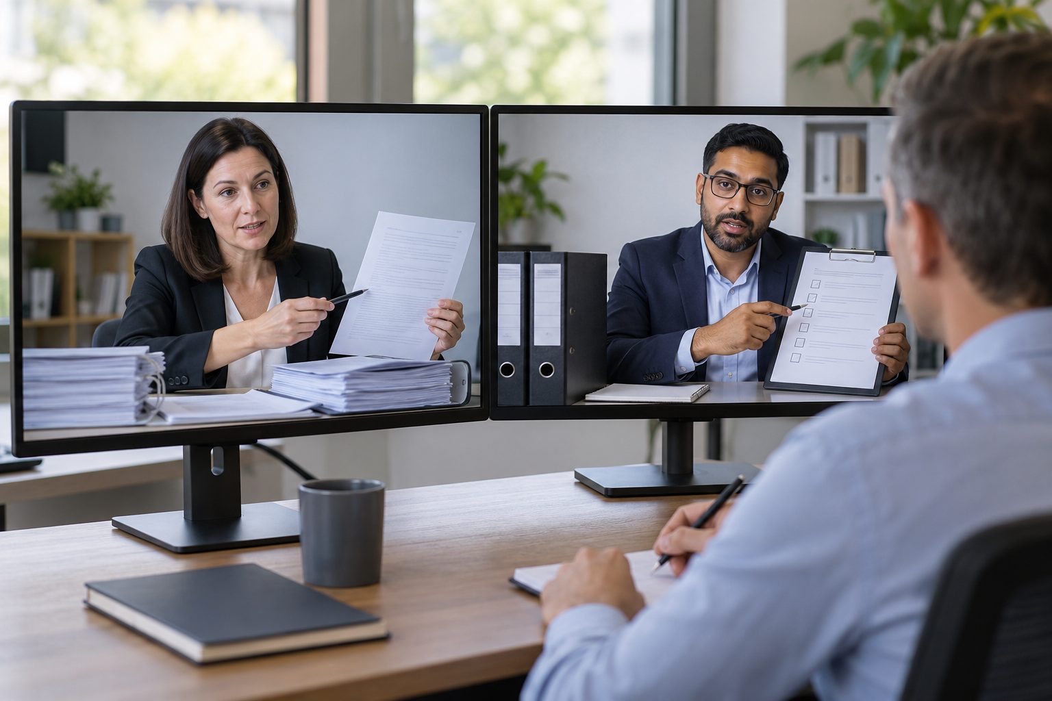 Two large video-consultation displays fill the frame, each showing a different immigration adviser presenting a sample