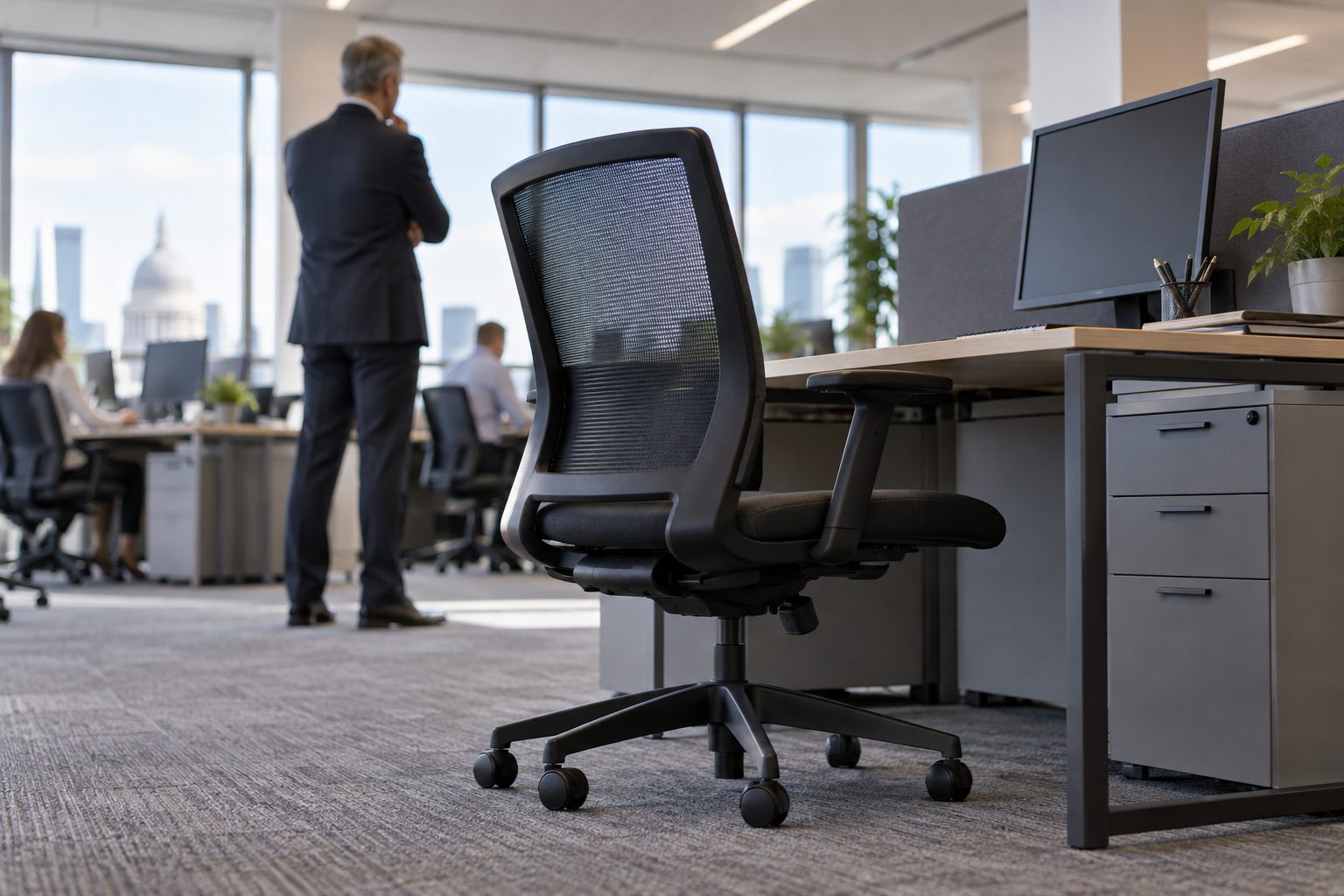 On the executive floor of a busy corporate office, a vacant corner workstation fills the foreground