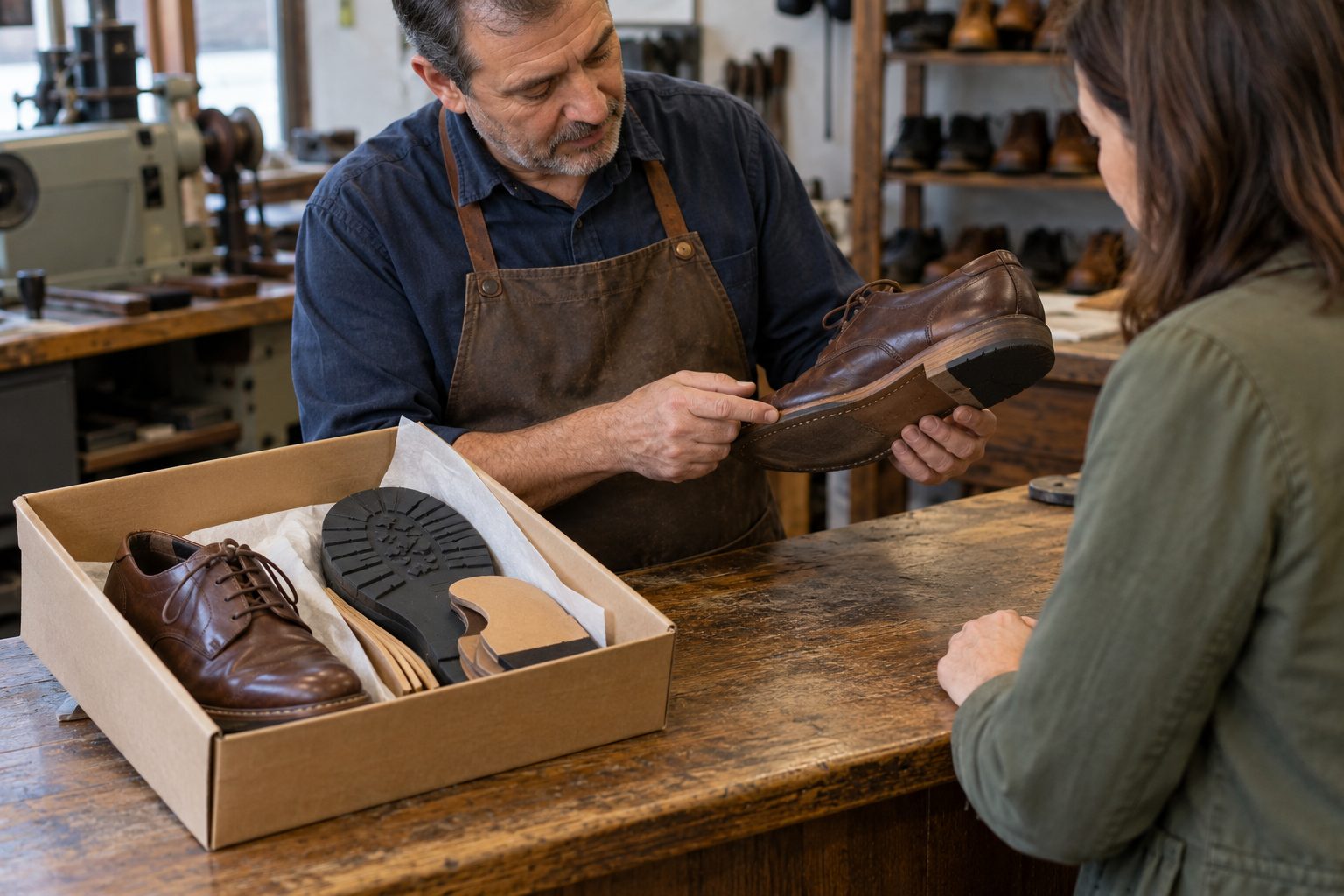 At a neighborhood shoe-repair counter, a cobbler shows a customer one shoe prepared for localized sole,