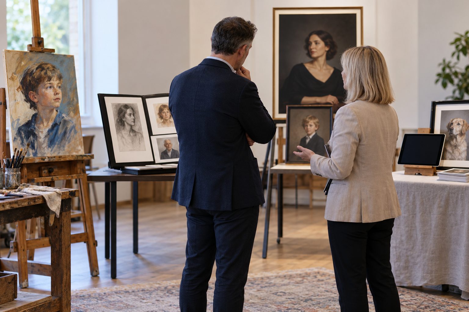 At a portrait commissioning event, a prospective client and independent adviser stand centrally before four distinct