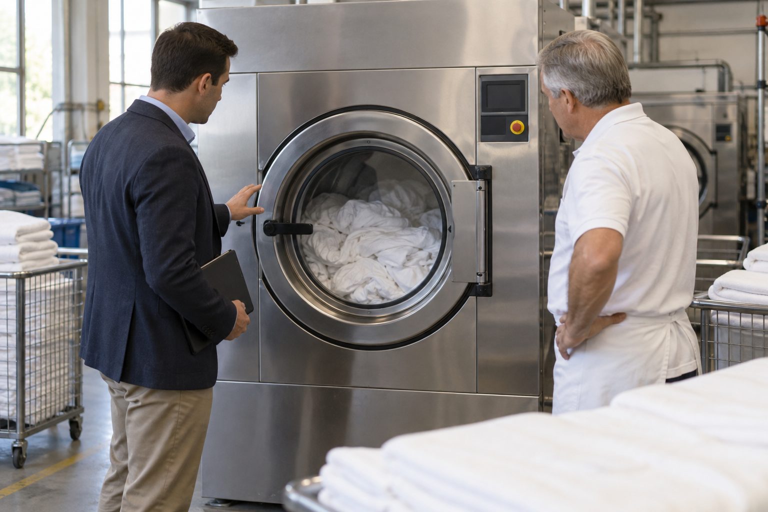 Inside a working commercial laundry, an industrial washer-extractor is centred and sharp amid carts of folded