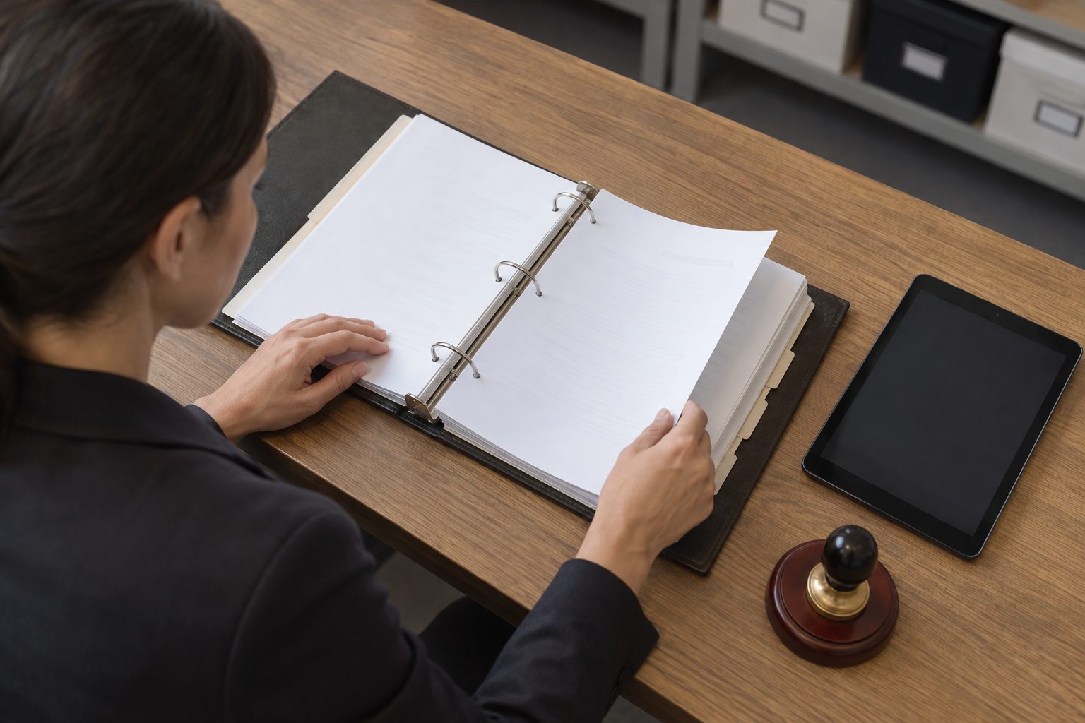 On a records-room counter, an open corporate minute-book binder sits beside a tablet and corporate seal