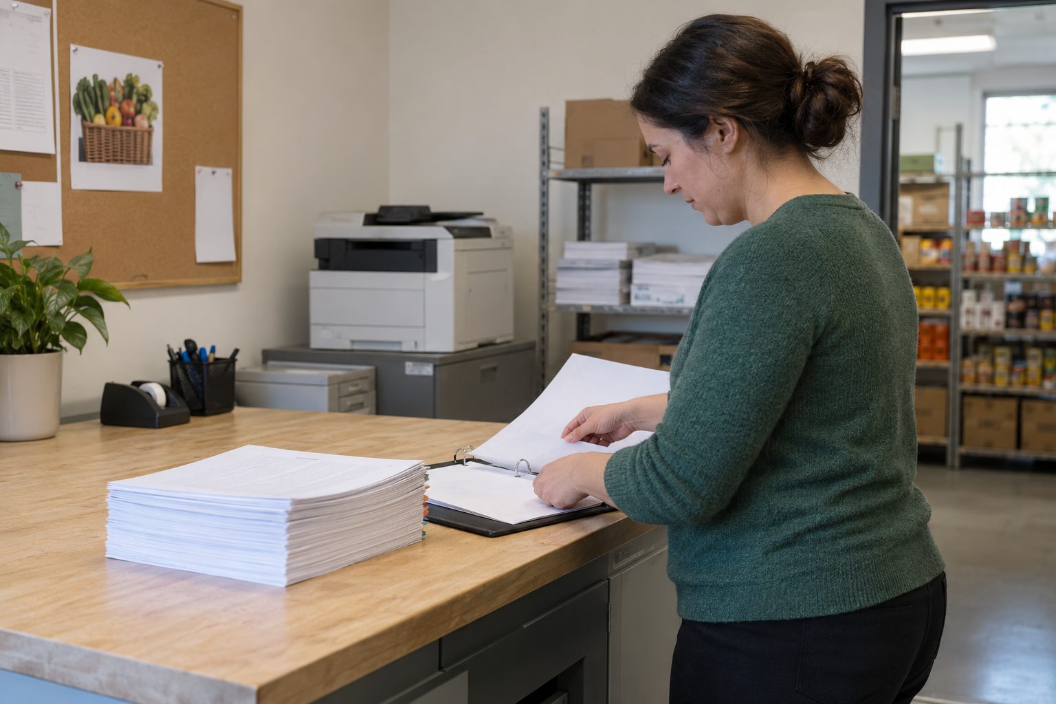 In a neighborhood food pantry’s administrative copy room, a thick grant proposal package is centred on