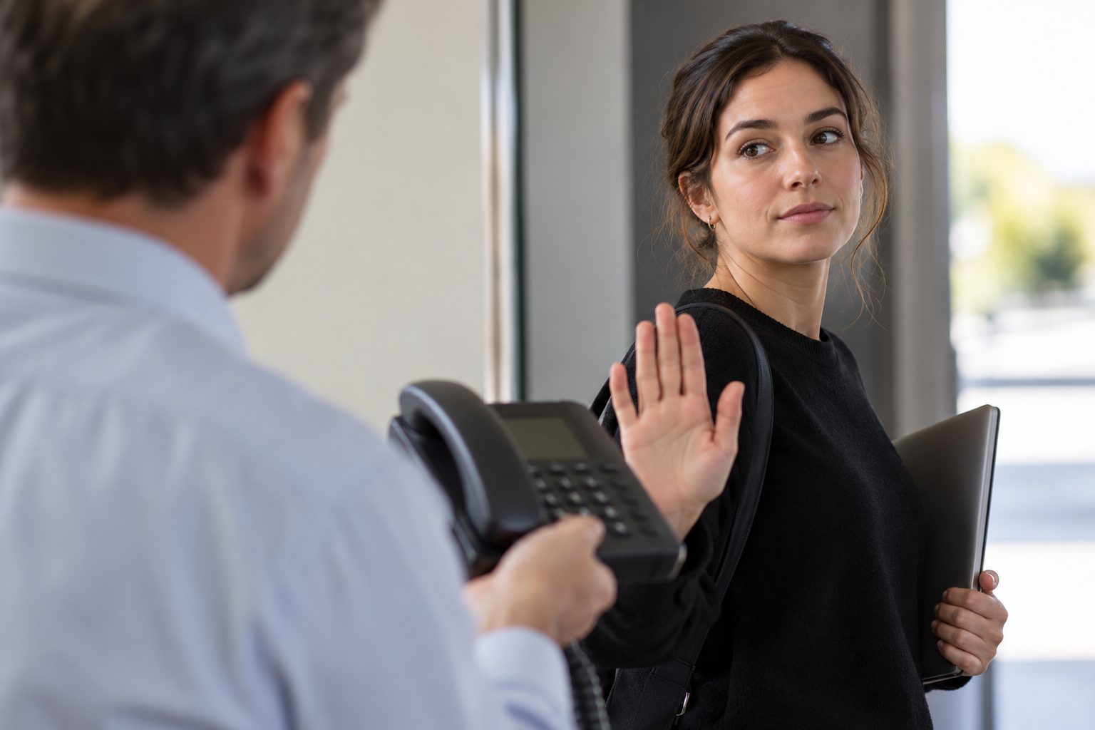A supervisor presents a ringing work phone after the shift, while the employee facing them holds