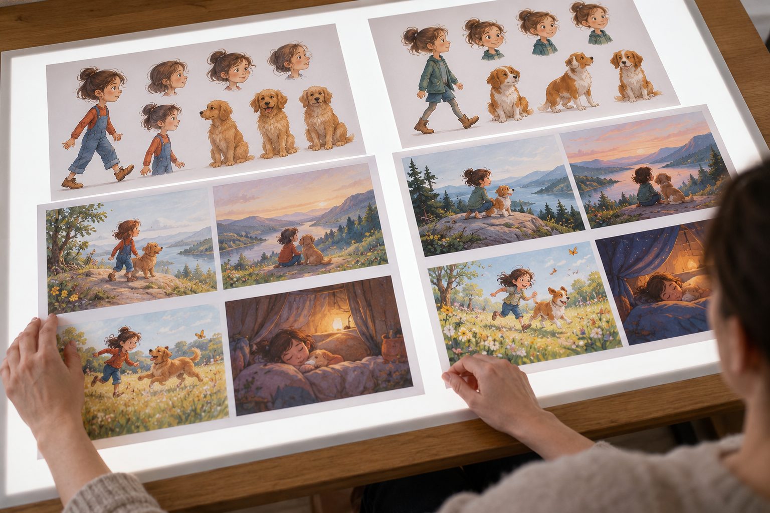 Two alternative sets of character studies and full-colour story spreads lie side by side on a