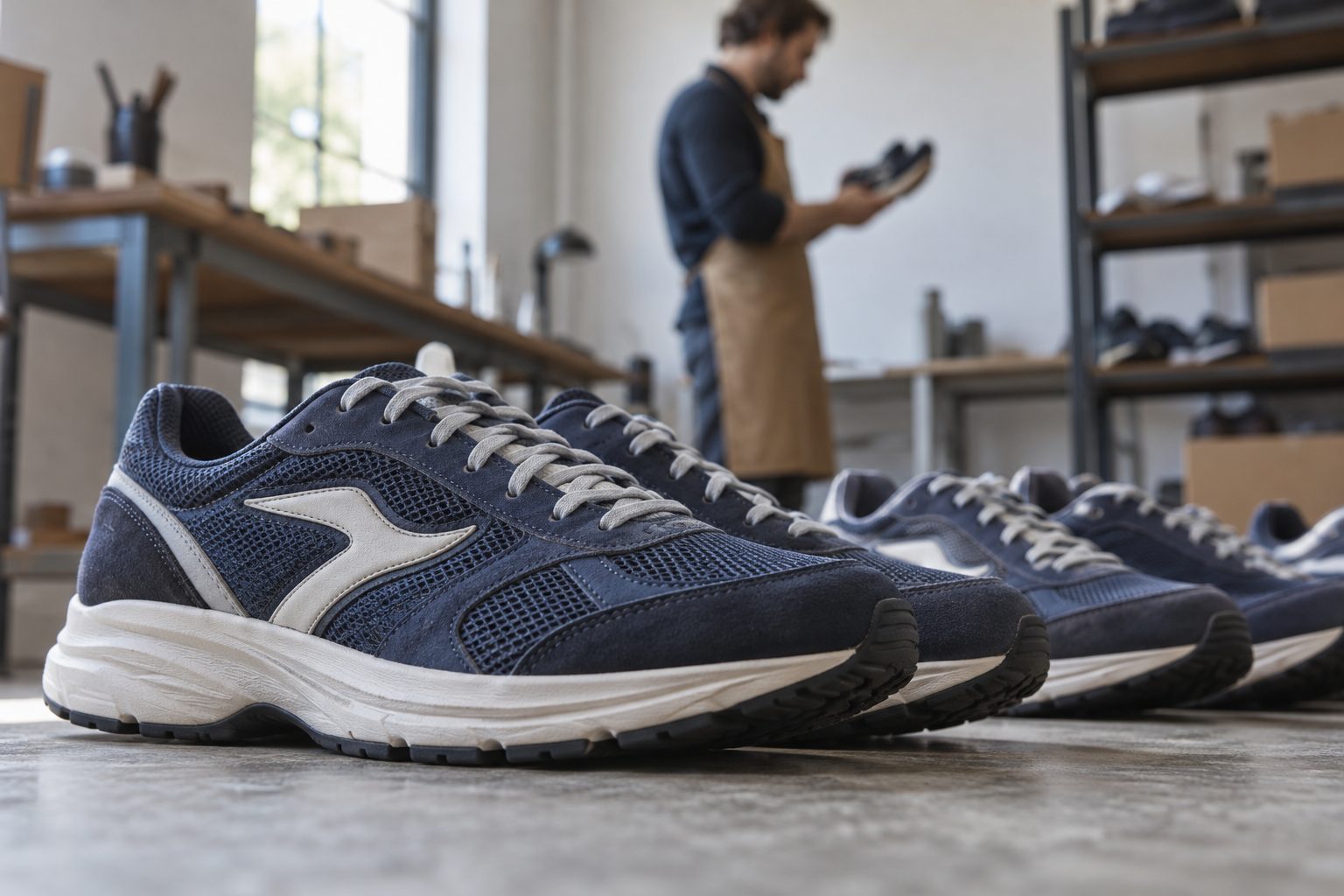In a footwear workshop, running shoes with a distinctive side emblem fill the foreground while the