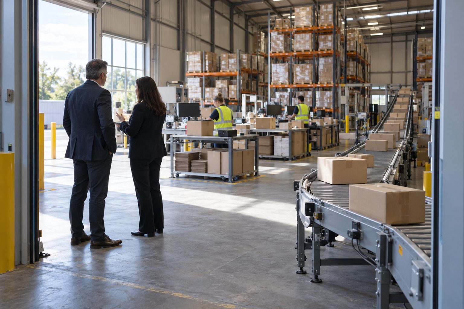 From the entrance of a working fulfilment warehouse, storage racks, packing stations and parcel conveyors fill