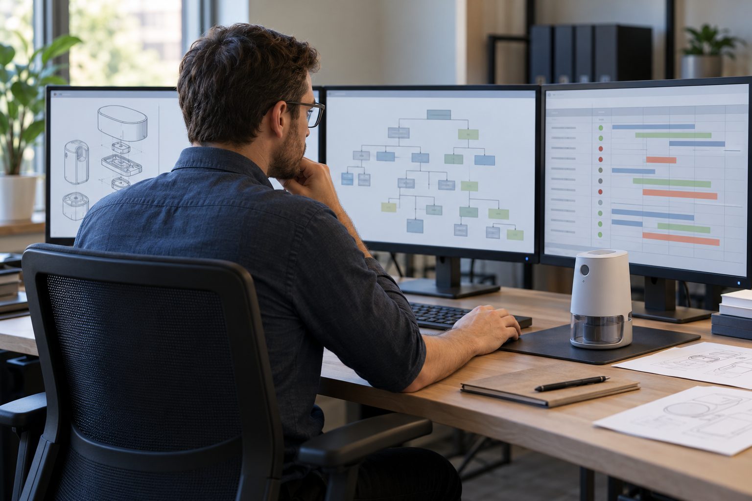 A patent search specialist sits centrally at a professional search station, examining large displays filled with