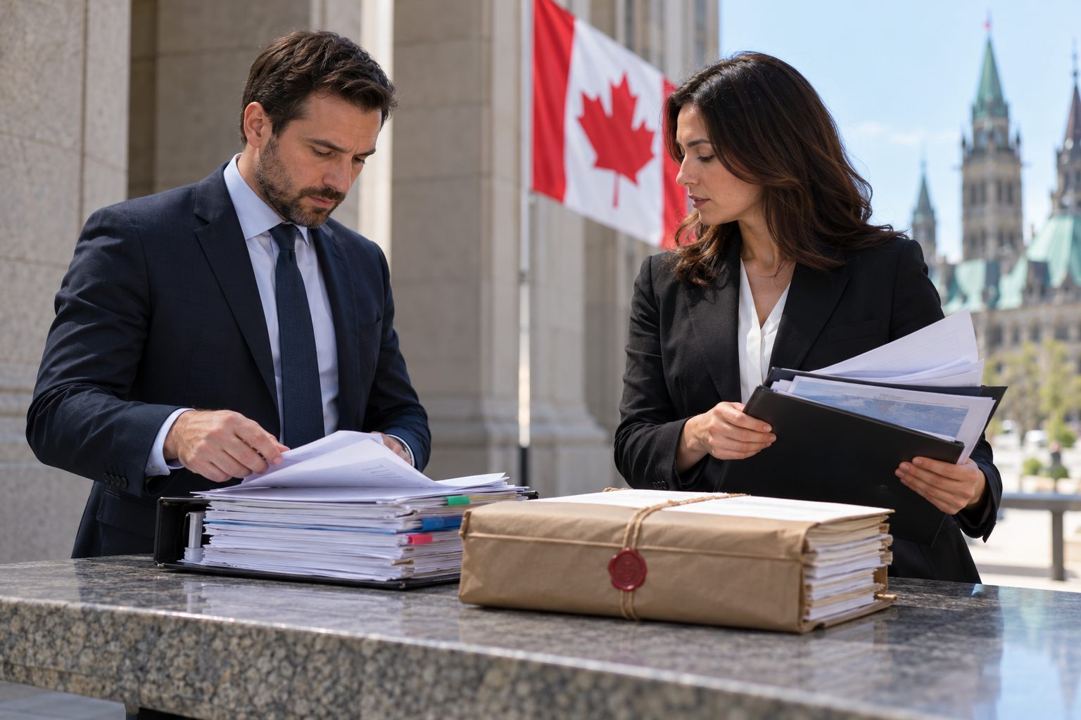 In a professional referral centre, an accountant with reconstructed financial records and a tax lawyer with