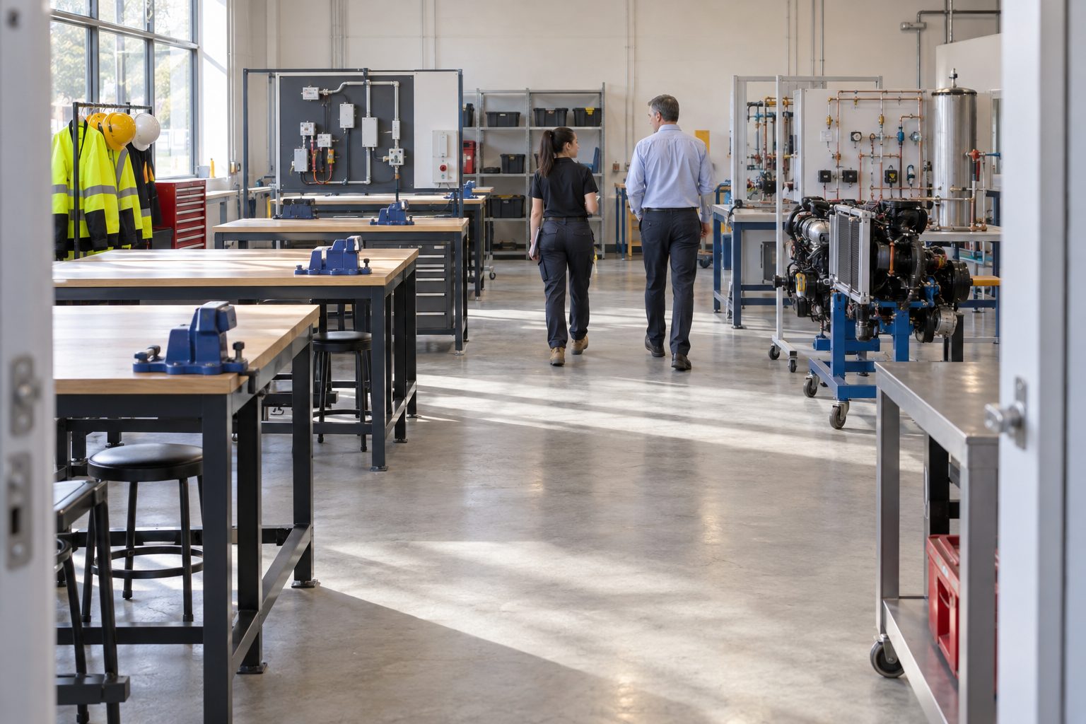 In a newly fitted vocational training centre, student workbenches, training rigs and safety equipment fill the