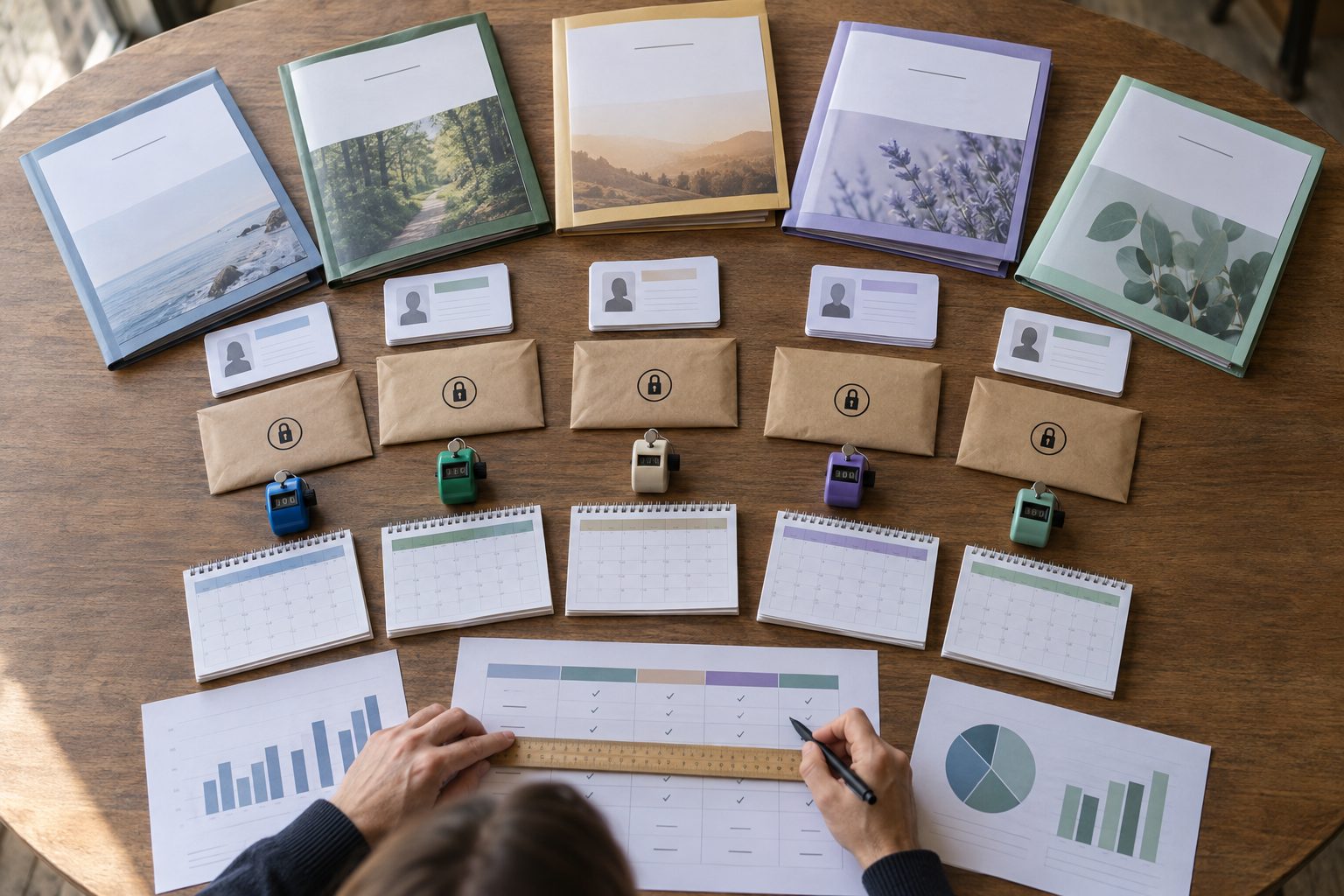 Five distinct provider proposal folios form a semicircle around clinical credential cards, sealed confidential-record pouches, session