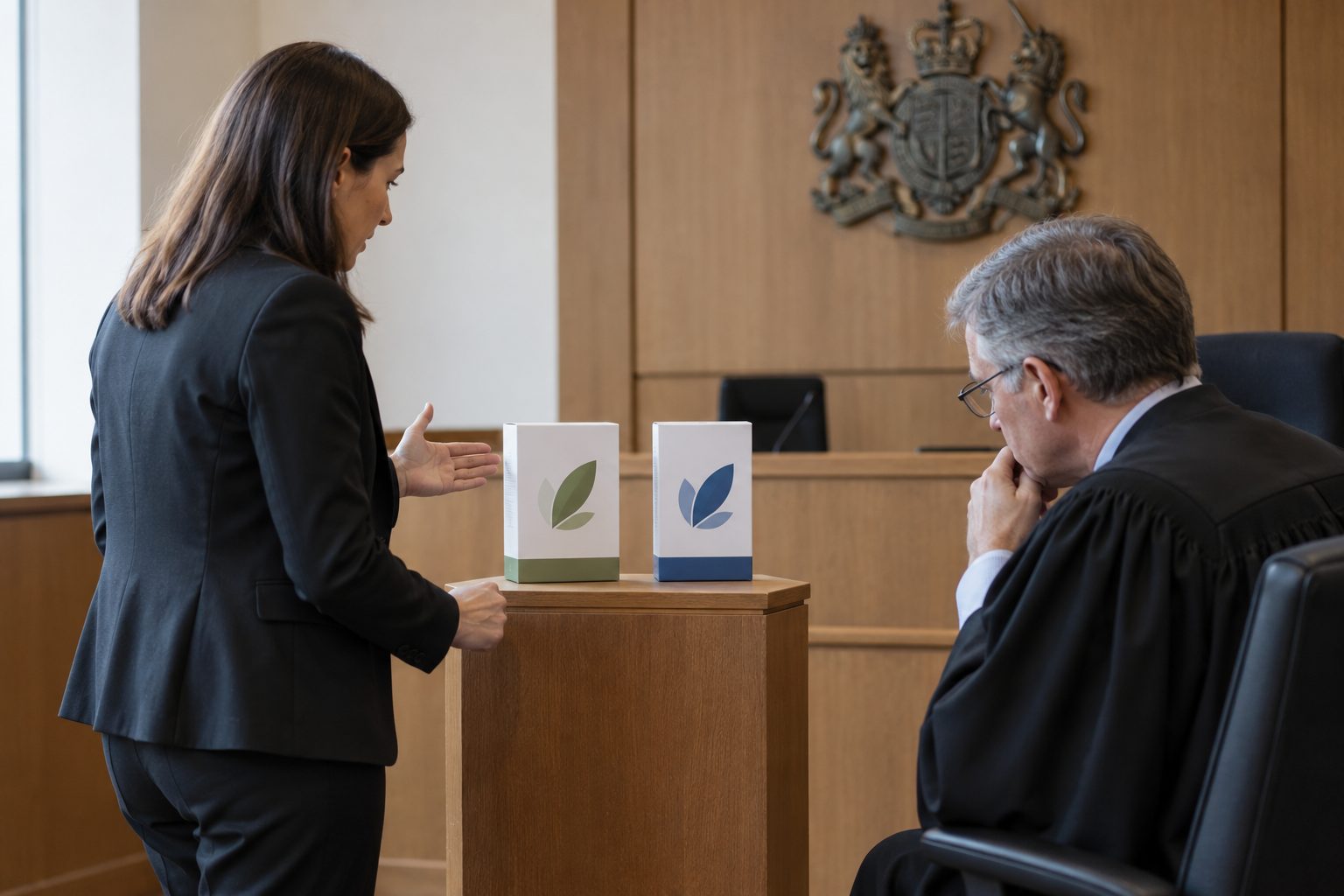 An intellectual-property advocate presents two competing package designs on a waist-high evidence stand while a hearing
