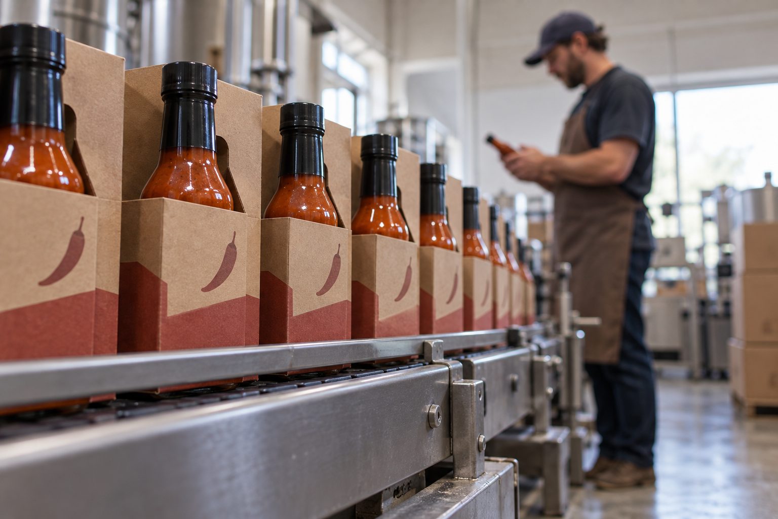 In a small bottling facility, finished hot sauce bottles in distinctive retail packaging fill the foreground