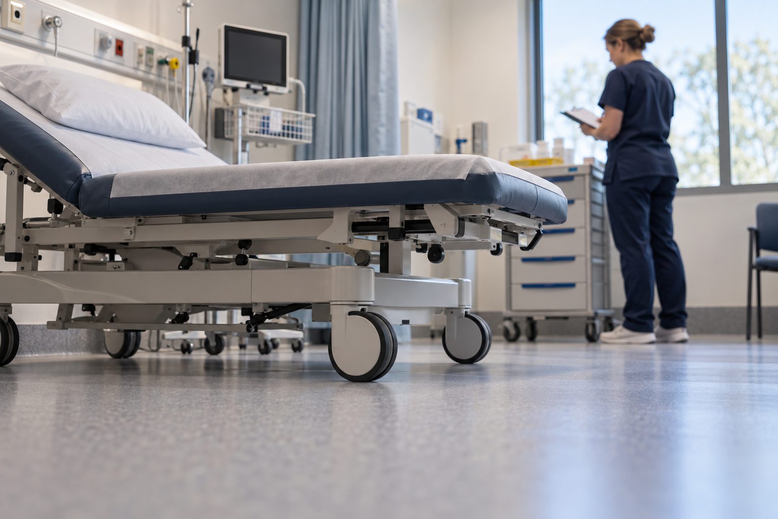 In a newly fitted outpatient clinic, a ready but unoccupied treatment bay fills the foreground while