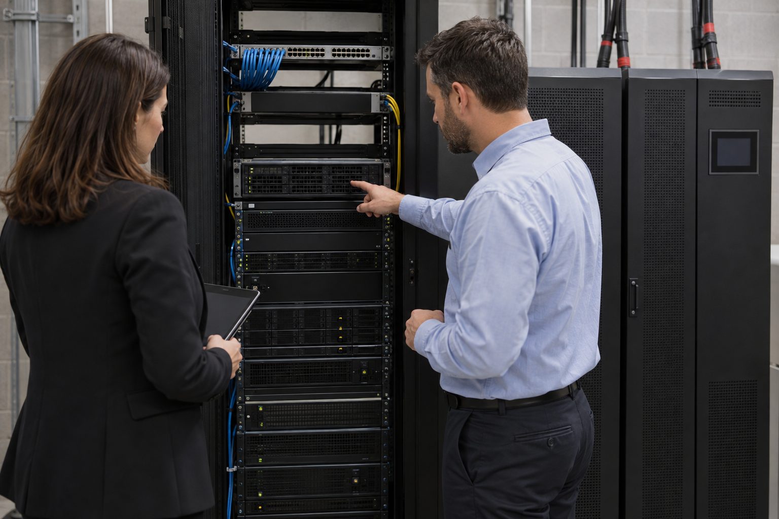In an office building’s network room, a server rack and battery backup cabinets are centred and