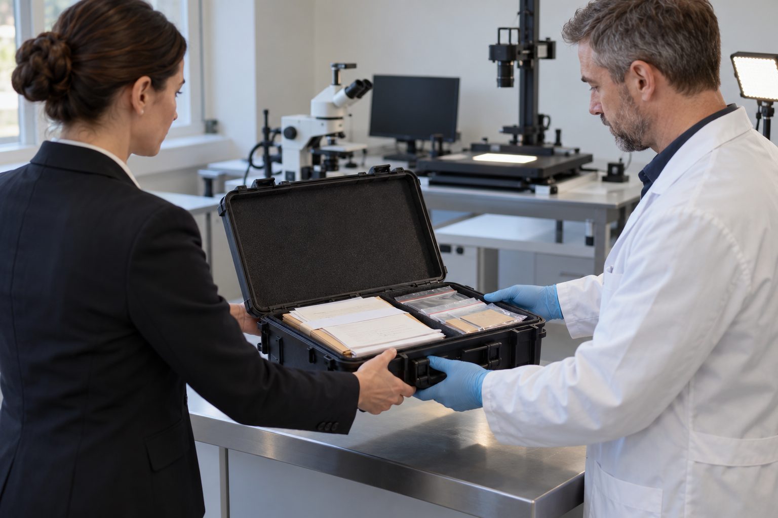 A legal professional transfers an open rigid evidence case containing protected original documents and comparison specimens