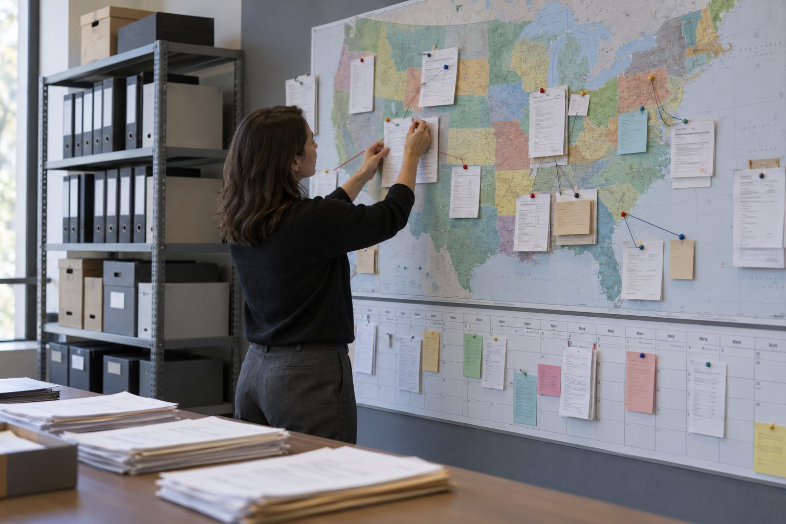 A tax compliance specialist stands beside a wall-sized U.S. map integrated with a long calendar, attaching