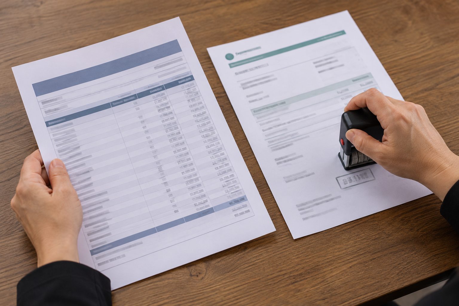 A payroll officer’s hands compare an employee earnings record with a superannuation fund receipt while pressing