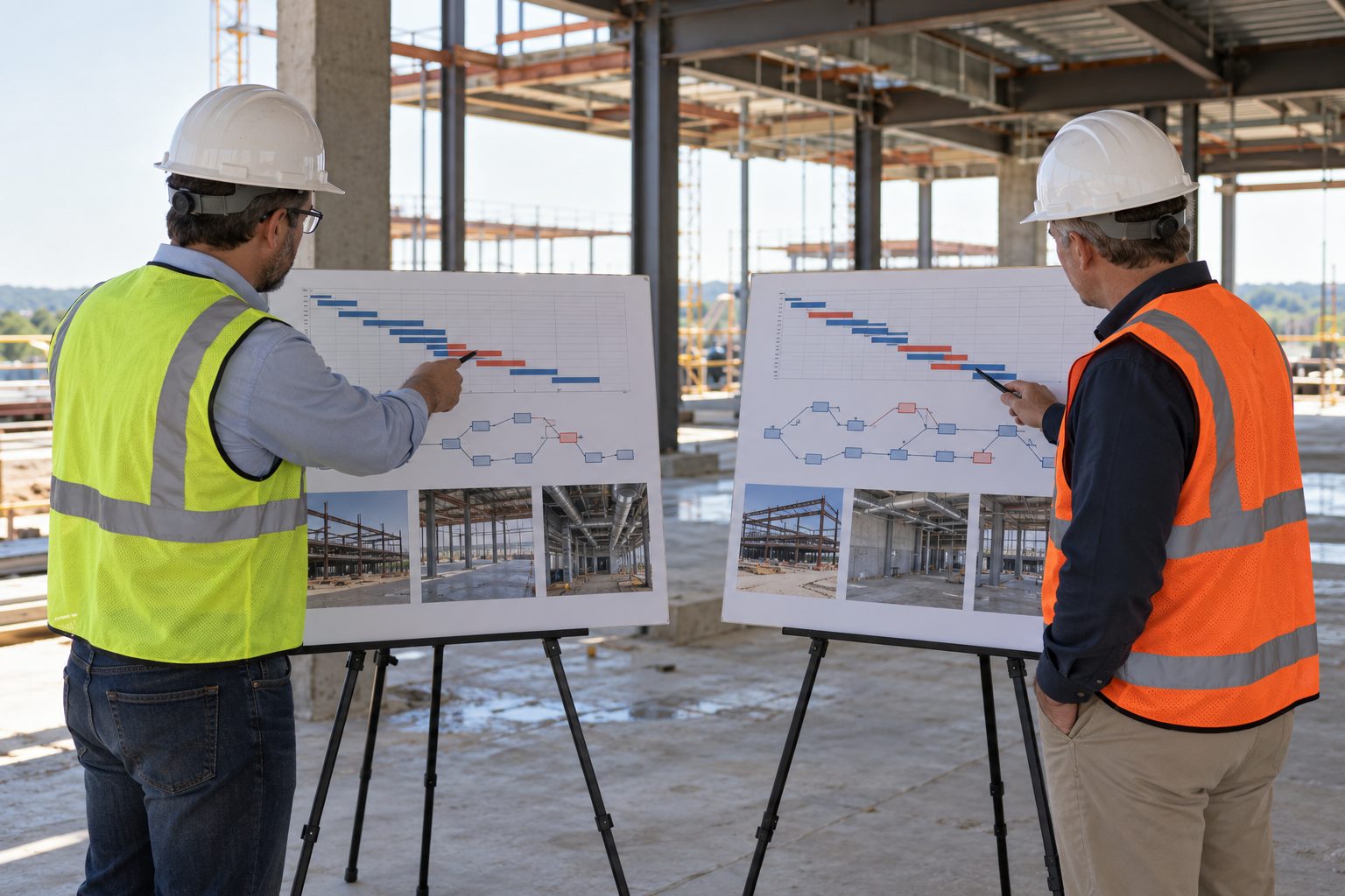 Inside a partly completed commercial building, two independent scheduling specialists stand side by side before separate