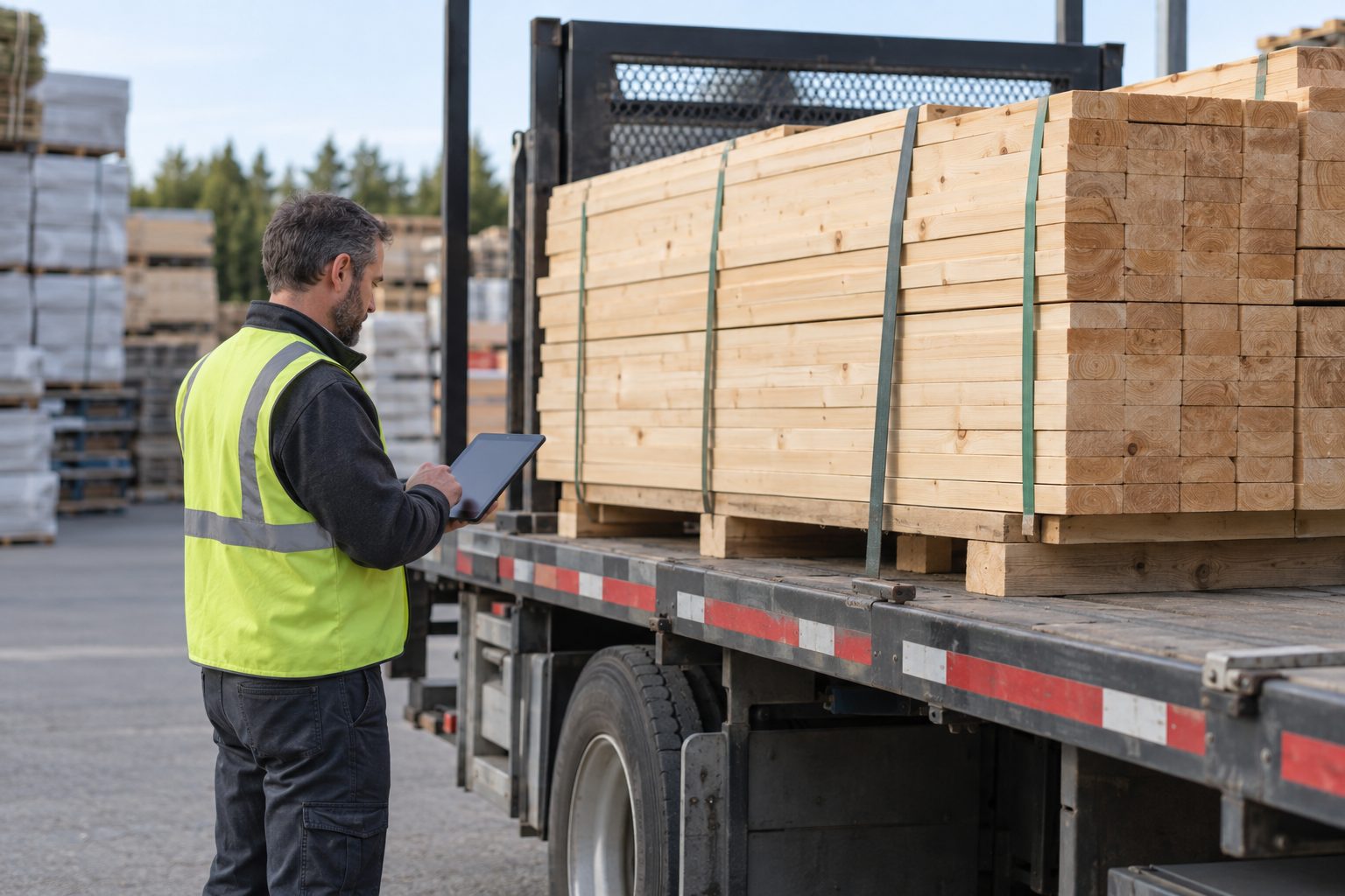 In an outdoor building-supply yard, a bundled lumber order is centred and sharp on a delivery