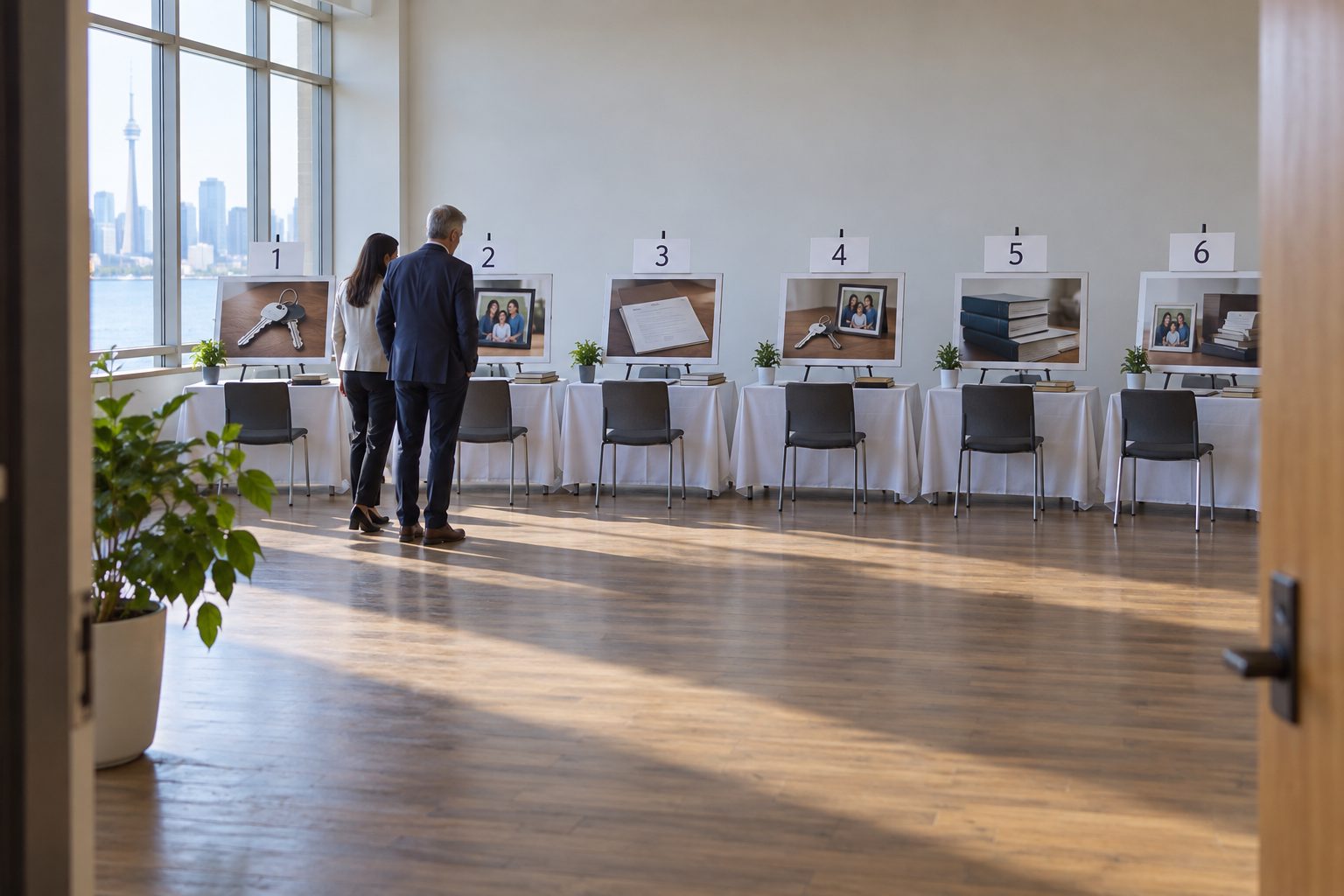 At a Canadian small-business advisory event, an owner and adviser move along a row of six