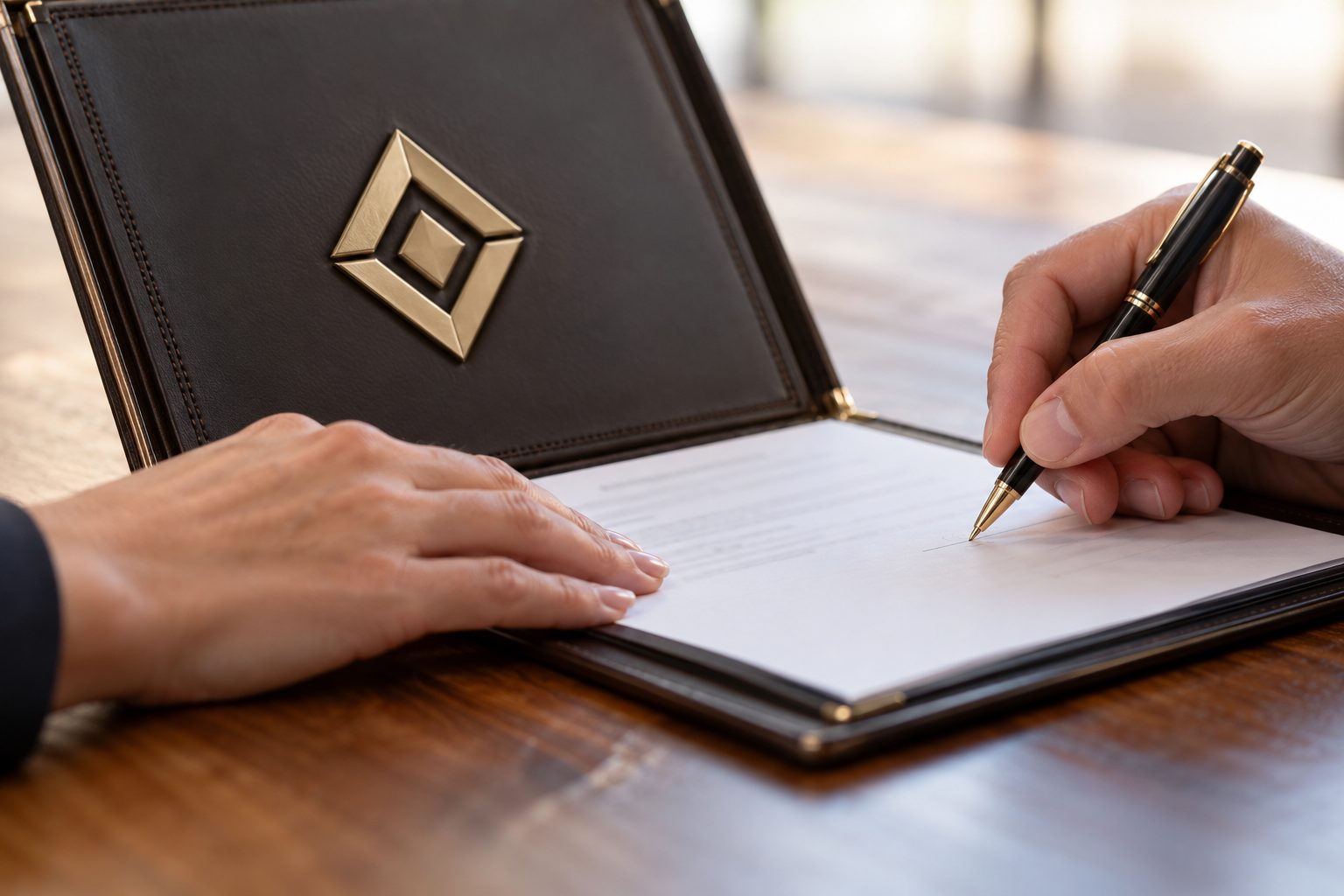 Two hands sign and steady a bound trademark licensing agreement, with a raised specimen of a
