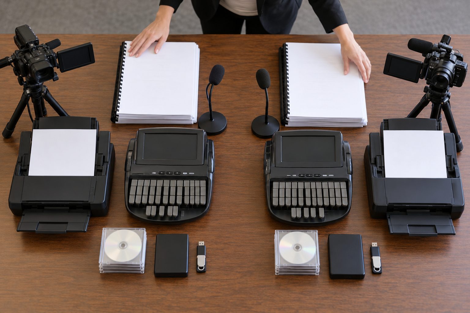 Two complete deposition-reporting packages are arranged side by side around matching stenotype machines, with bound certified