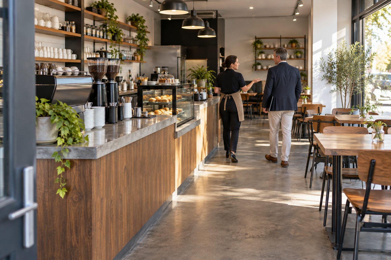 From the entrance of a busy café, the service counter, espresso station, dining area and equipment