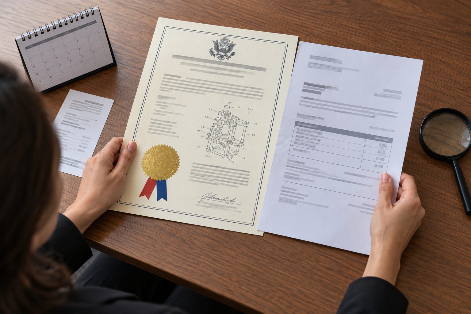 An issued US patent grant with an embossed seal and technical drawing lies central beside a