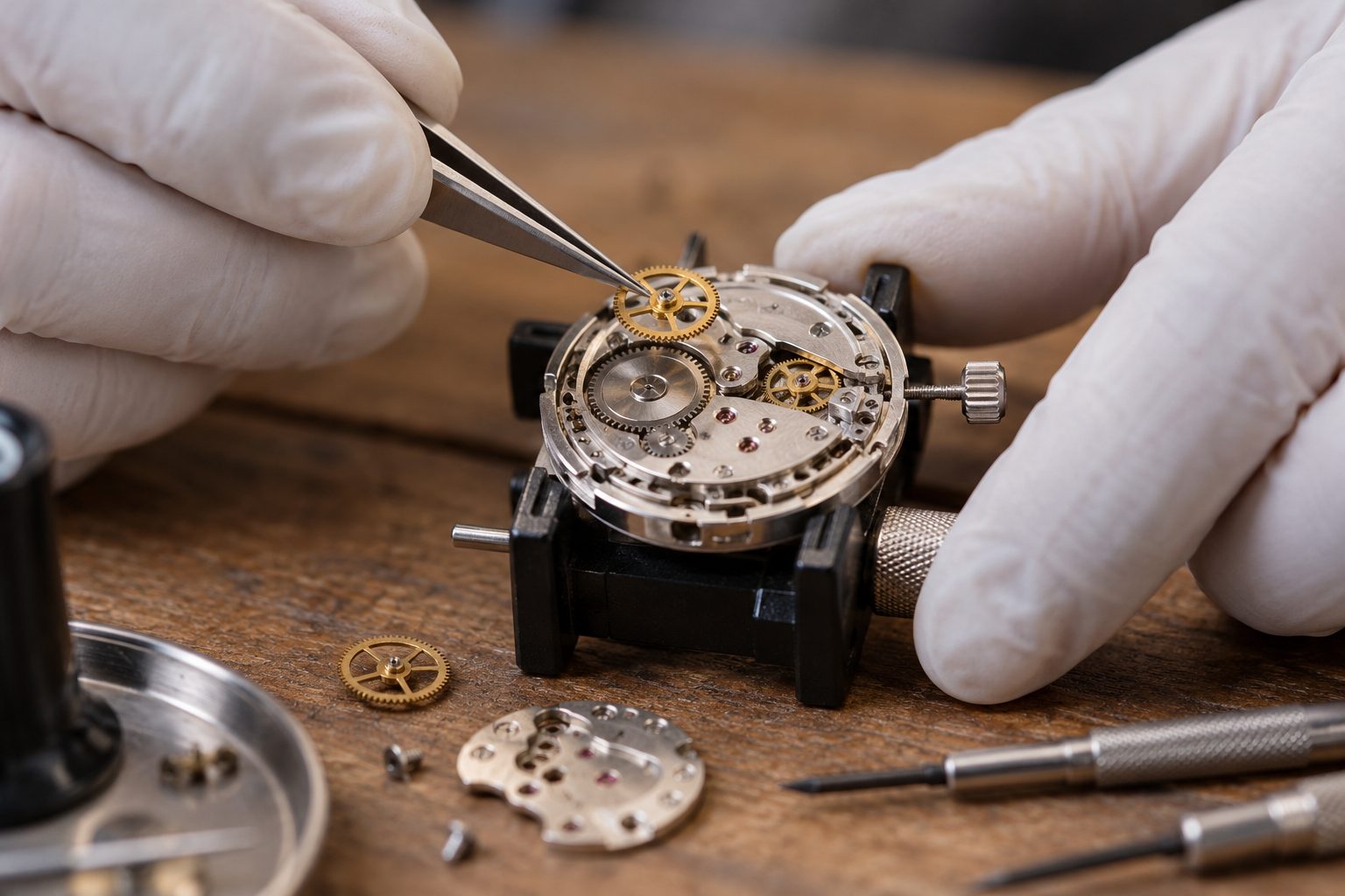 A watchmaker’s gloved hands use fine tweezers to lift a gear from an open mechanical watch