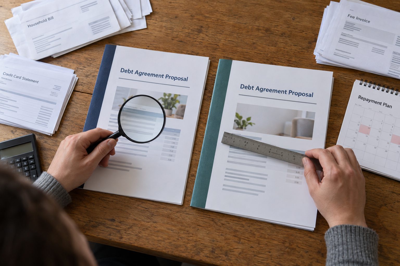 Two competing debt-agreement packets sit side by side among household bills, credit-card statements, fee invoices and