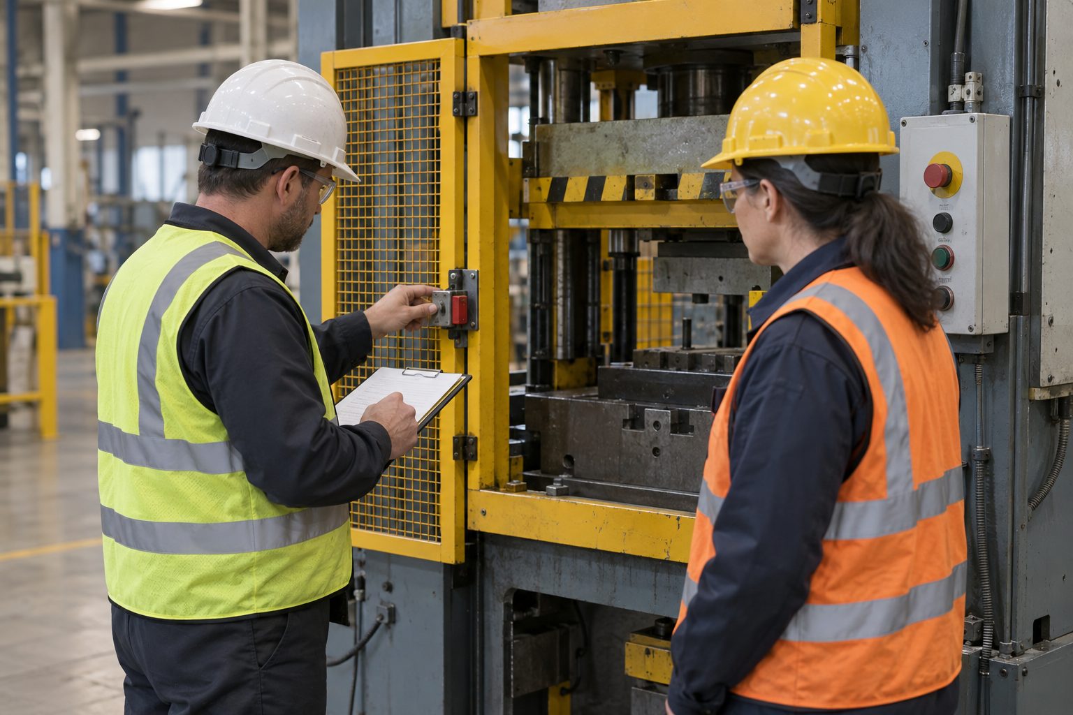 On a working factory floor, a safety auditor examines the press’s interlocked guard while the plant