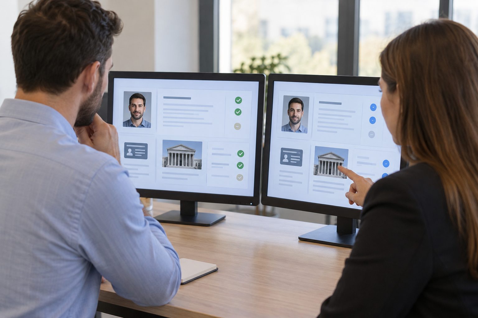 An employer and compliance specialist stand before two adjacent background-screening terminals processing the same applicant