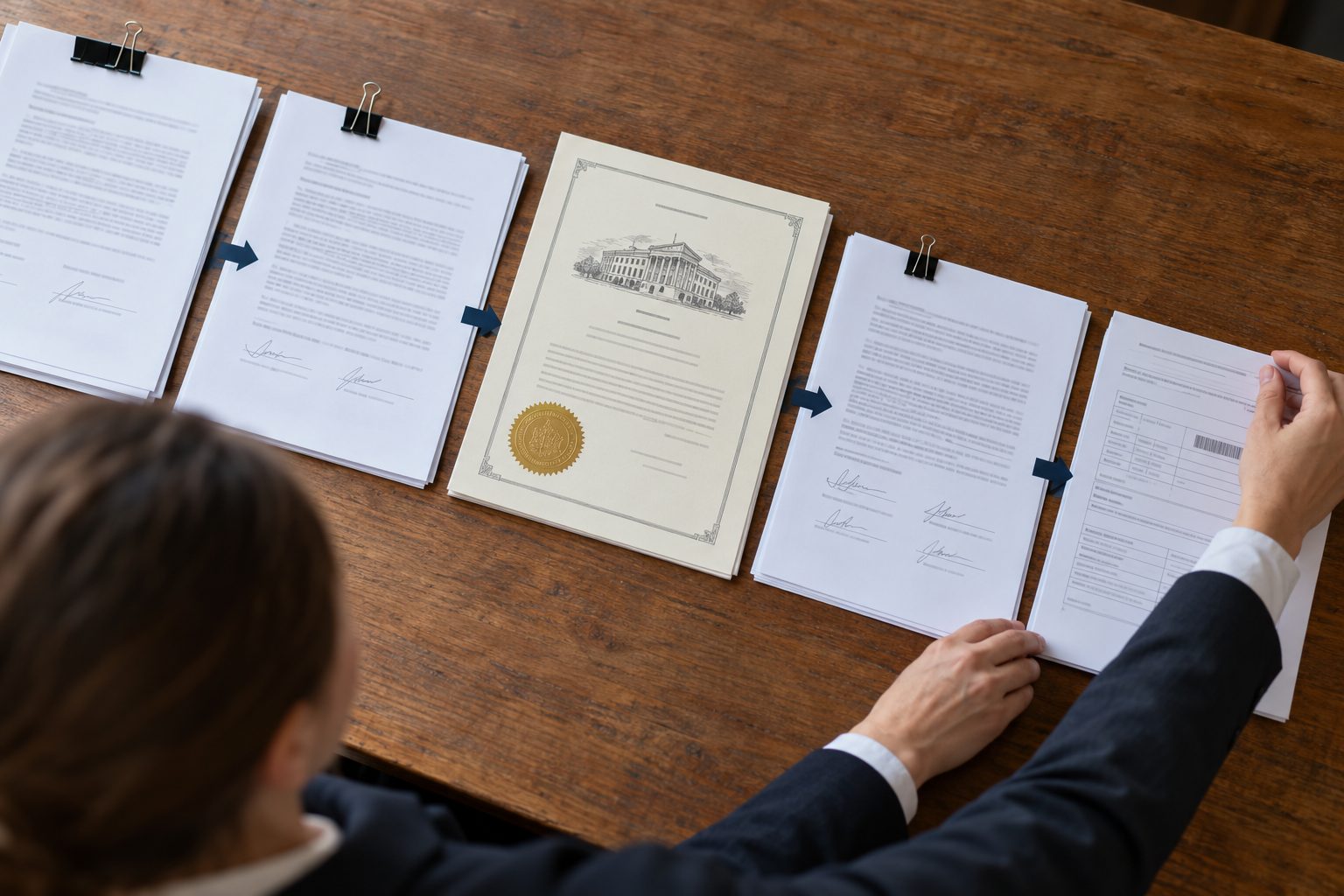 A patent folio sits centrally within a chronological chain of executed transfer agreements, signature evidence and