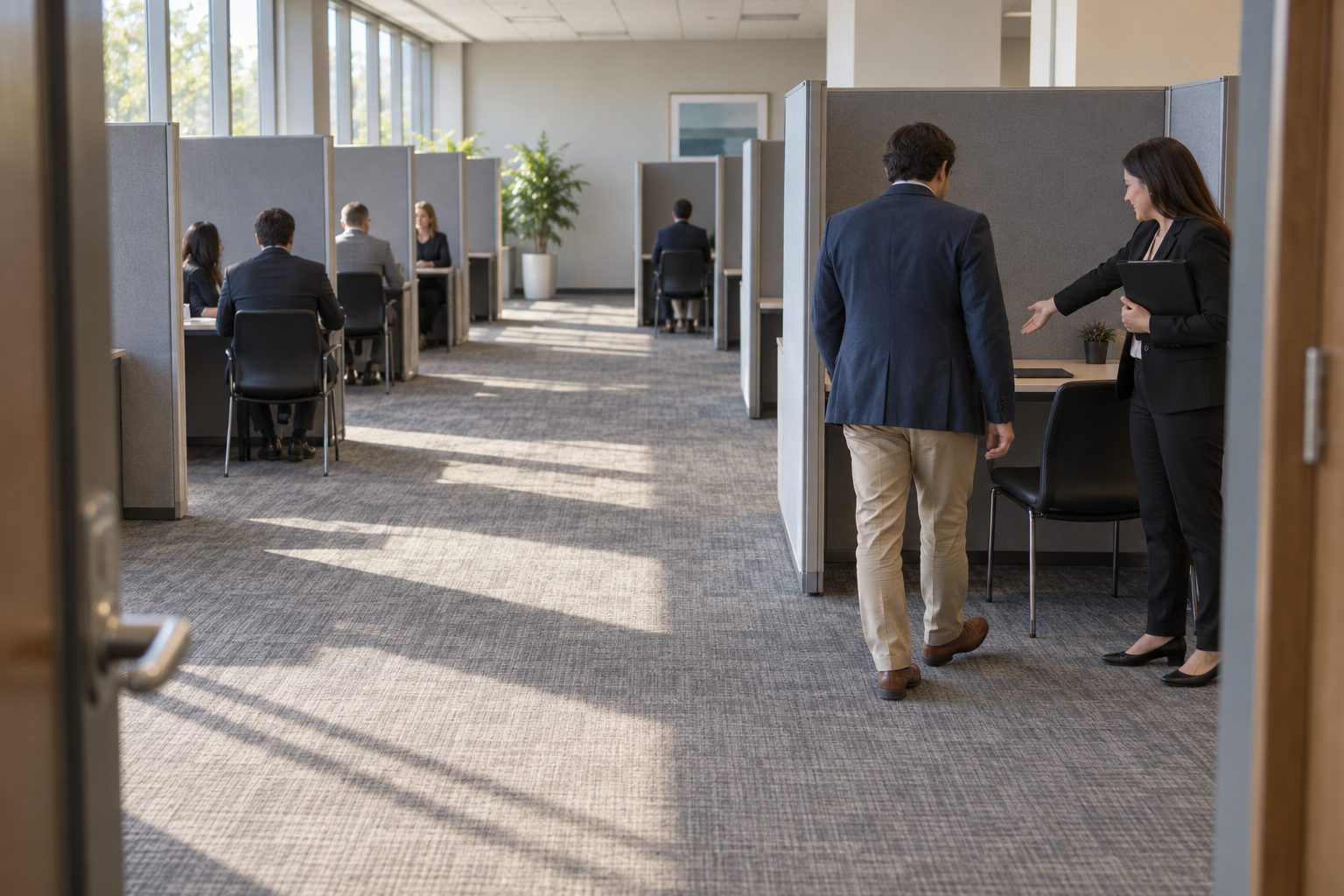 In a regional hiring hall, rows of interview booths fill the room while a recruiter welcomes