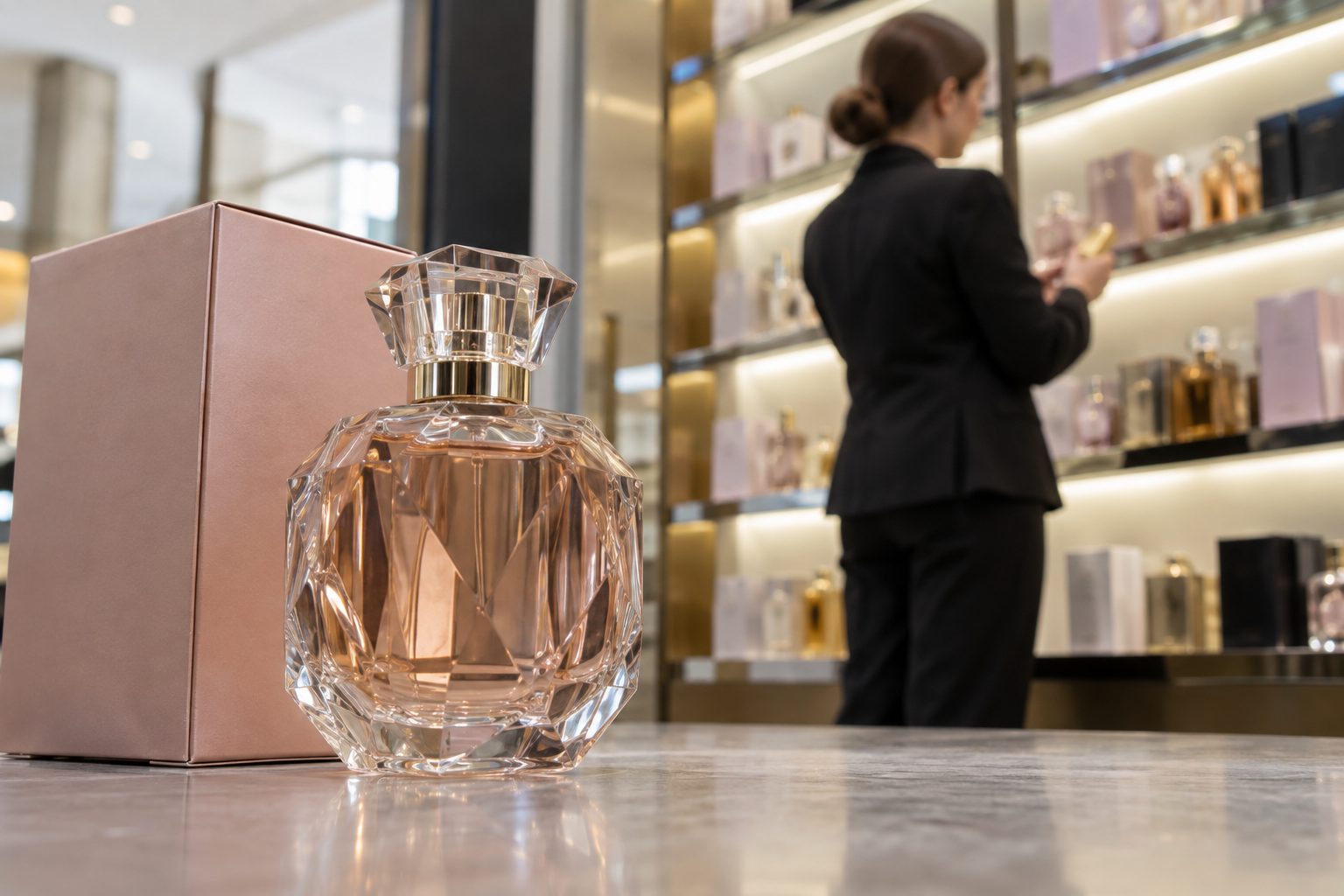 At a department-store fragrance counter, a distinctive faceted bottle and its packaging fill the foreground while