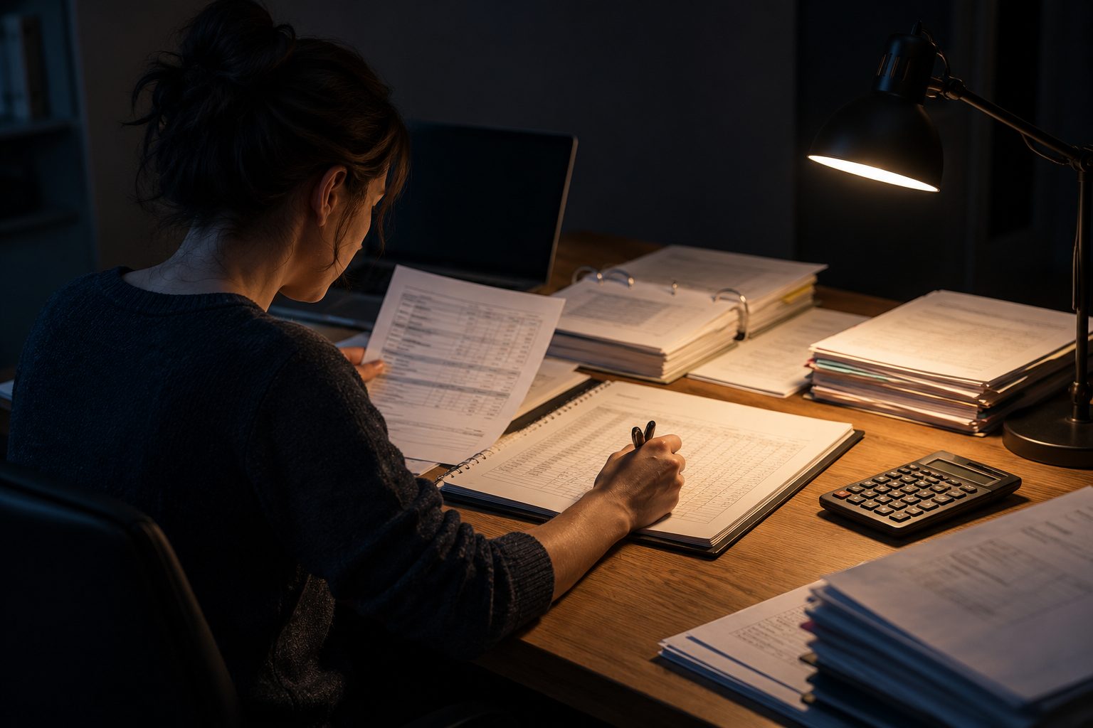 An accountant works under a desk lamp, reconciling a year-end ledger against bank statements, invoices, payroll