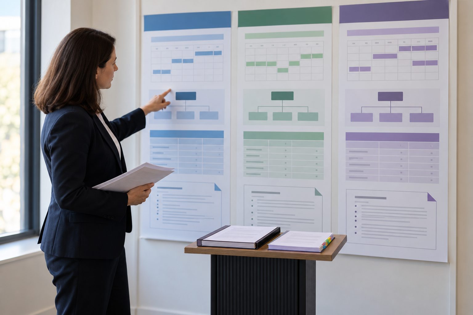 A governance director stands beside a large three-column comparison wall displaying three providers’ availability calendars, reporting