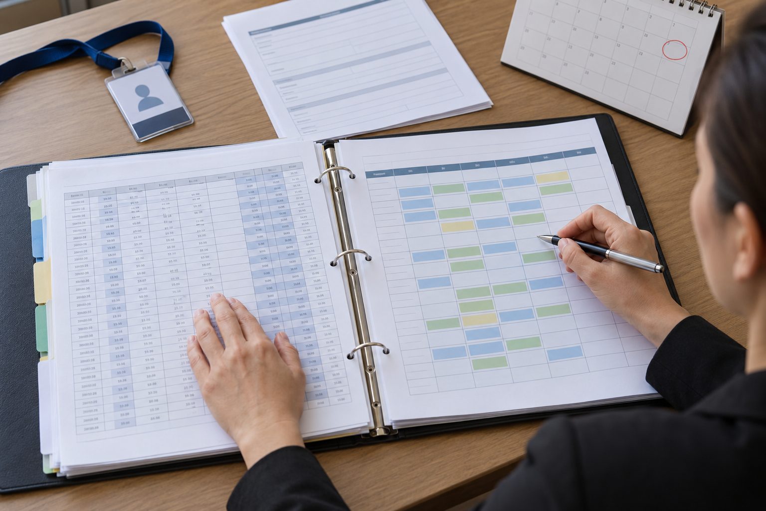 An open employee file fills the frame as an HR officer aligns months of timesheets with